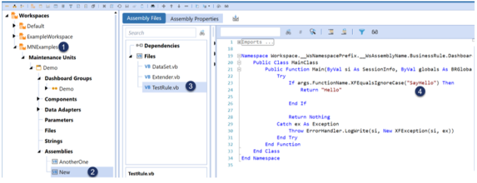 1. Name of the workspace 2. Name of the assembly 3. Name of the assembly file 4. Source code